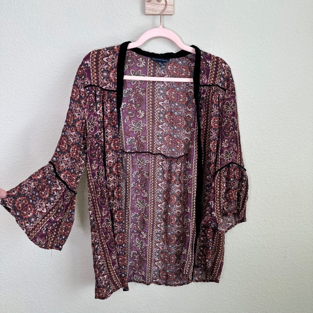 American Eagle Floral Paisley Kimono Velvet Trim Bell Sleeve Boho Cardigan XS S